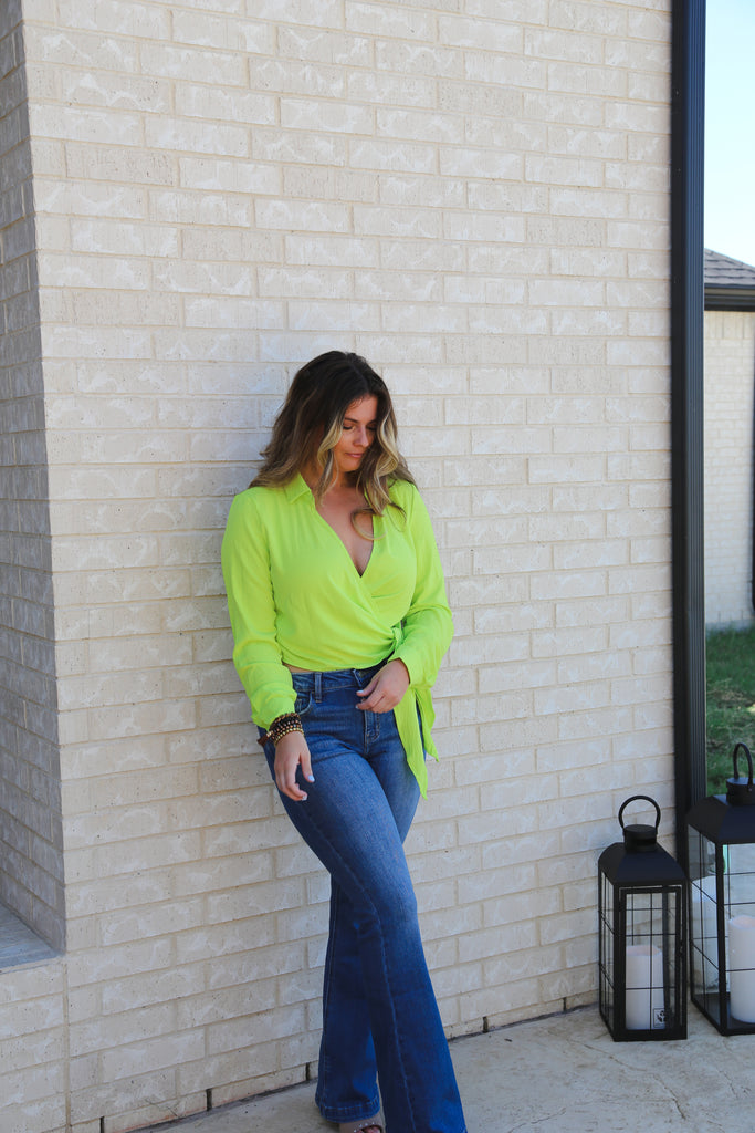 To the Side Tied Surplice Blouse - Neon Lemon