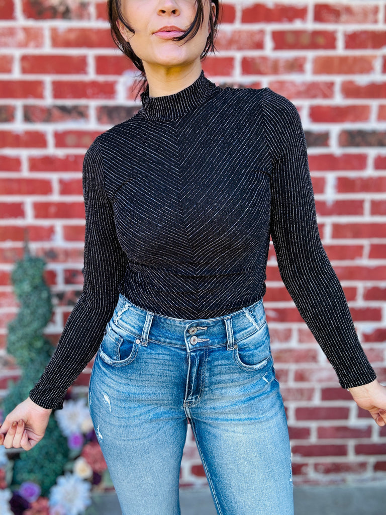 Black Radiant & Regal Fall Glitter Mock Neck Top