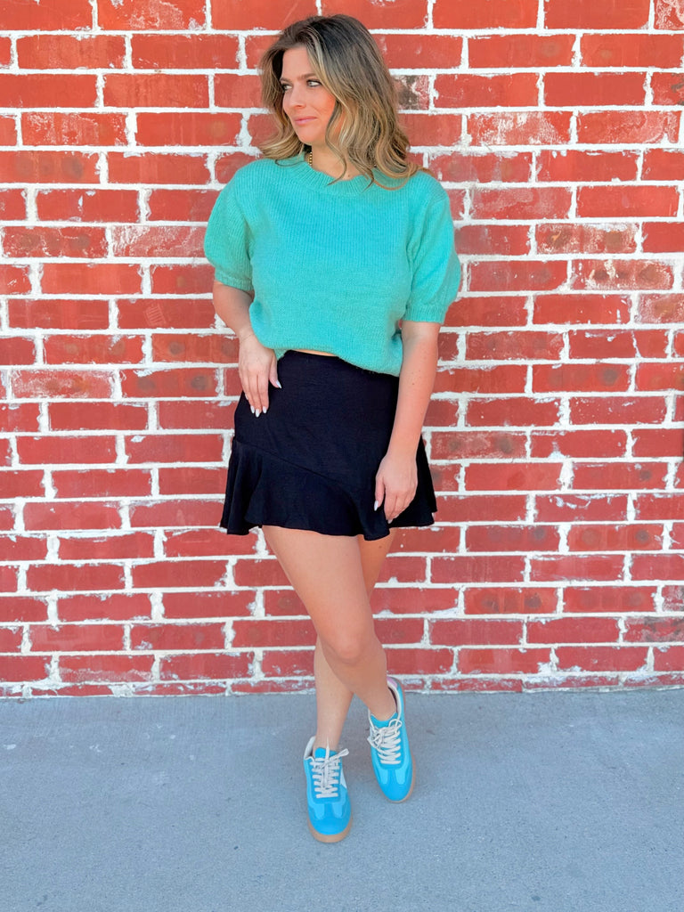 Short Puff Sleeve Knit Pullover Top in Jade