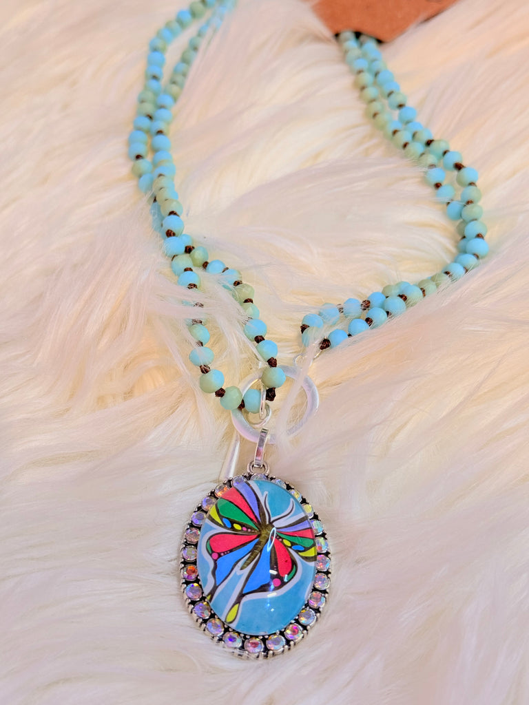 Turquoise Beaded Butterfly Charm Necklace