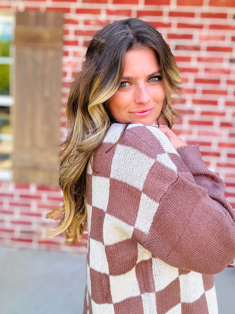 Mocha & Ivory Checkmate Color Chop Sweater