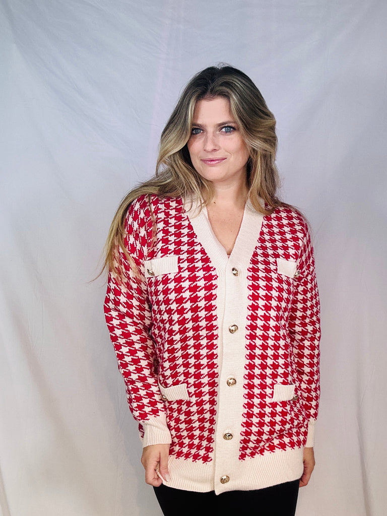 Red & Ivory Houndstooth Jacket/Cardigan