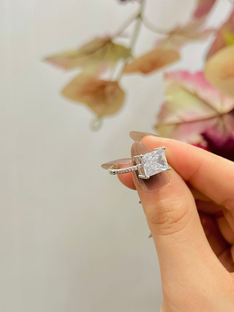 Silver Rectangle Cut Lux Crystal Ring