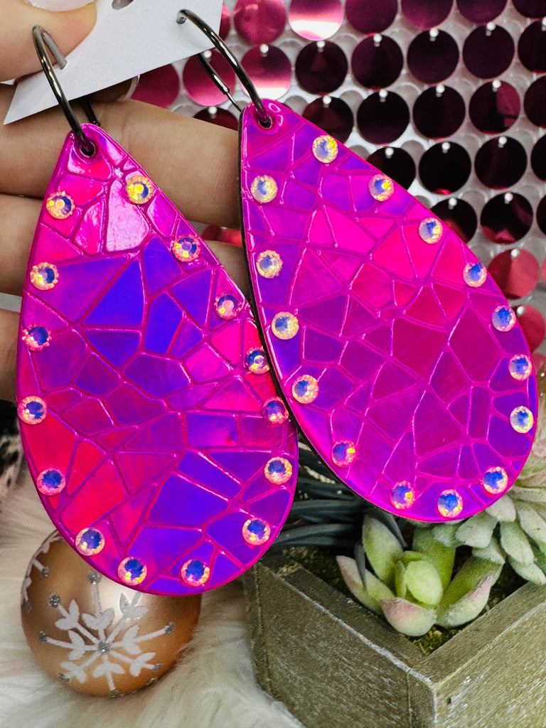 Bright Pink Hologram AB Leather Earrings