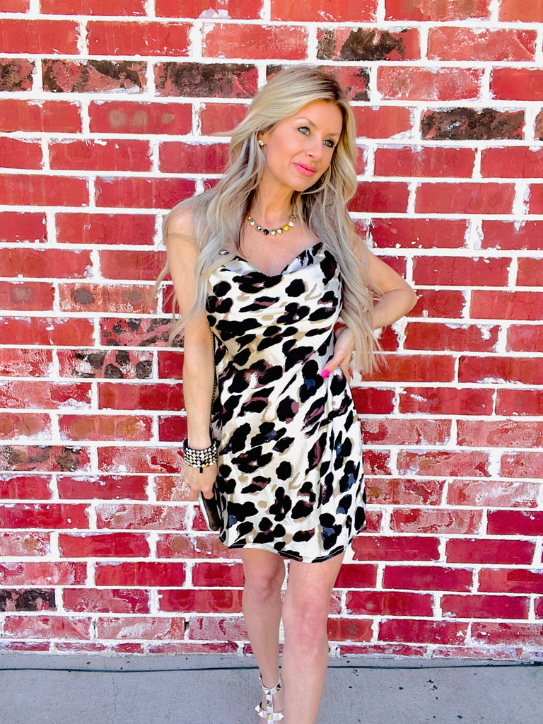 Holiday Hunt Leopard Print Slip Dress- Beige