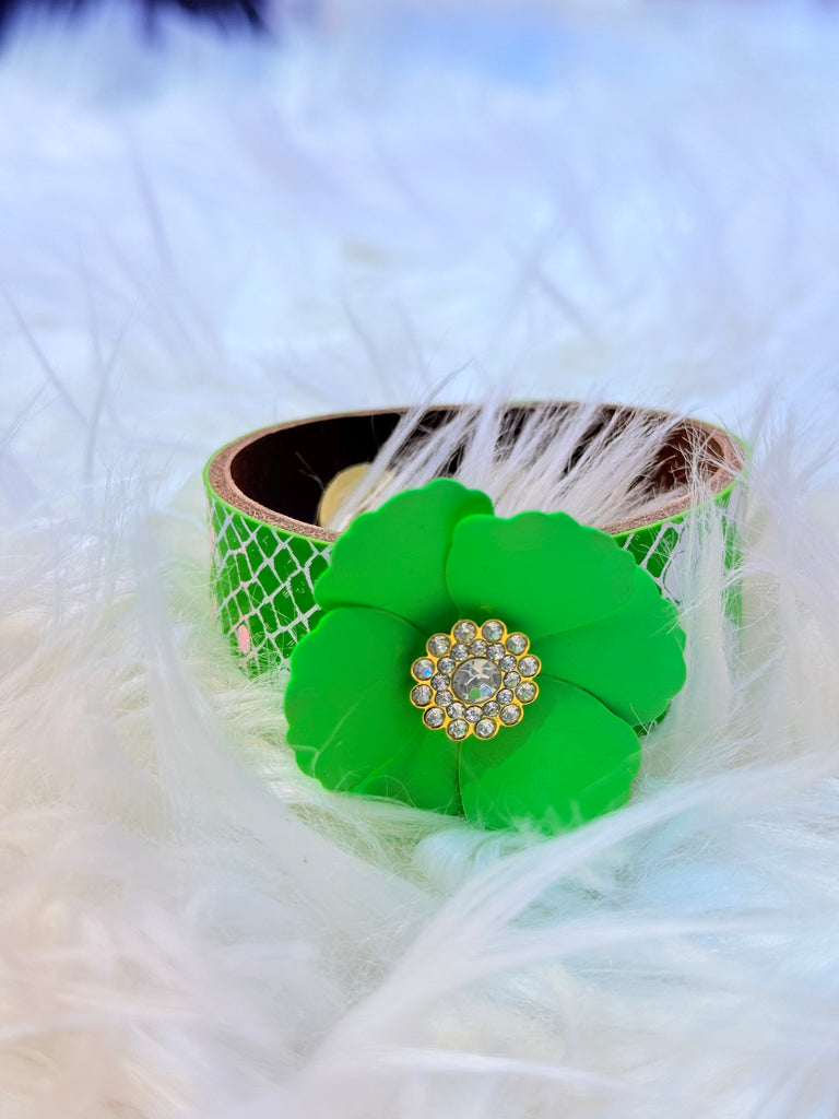 Neon Blooms Green Floral Leather Snap Cuff