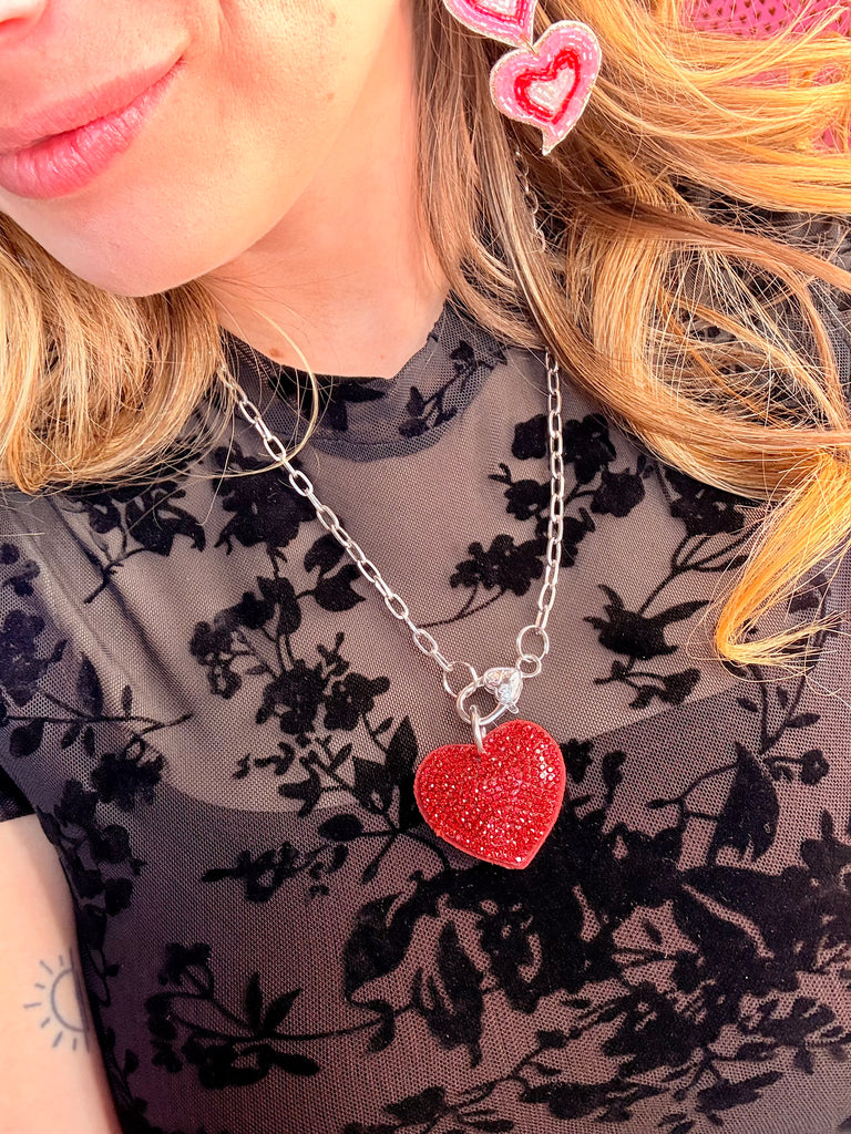 Hearts of Joy Crystal & Vintage Silver Link Necklace - Red