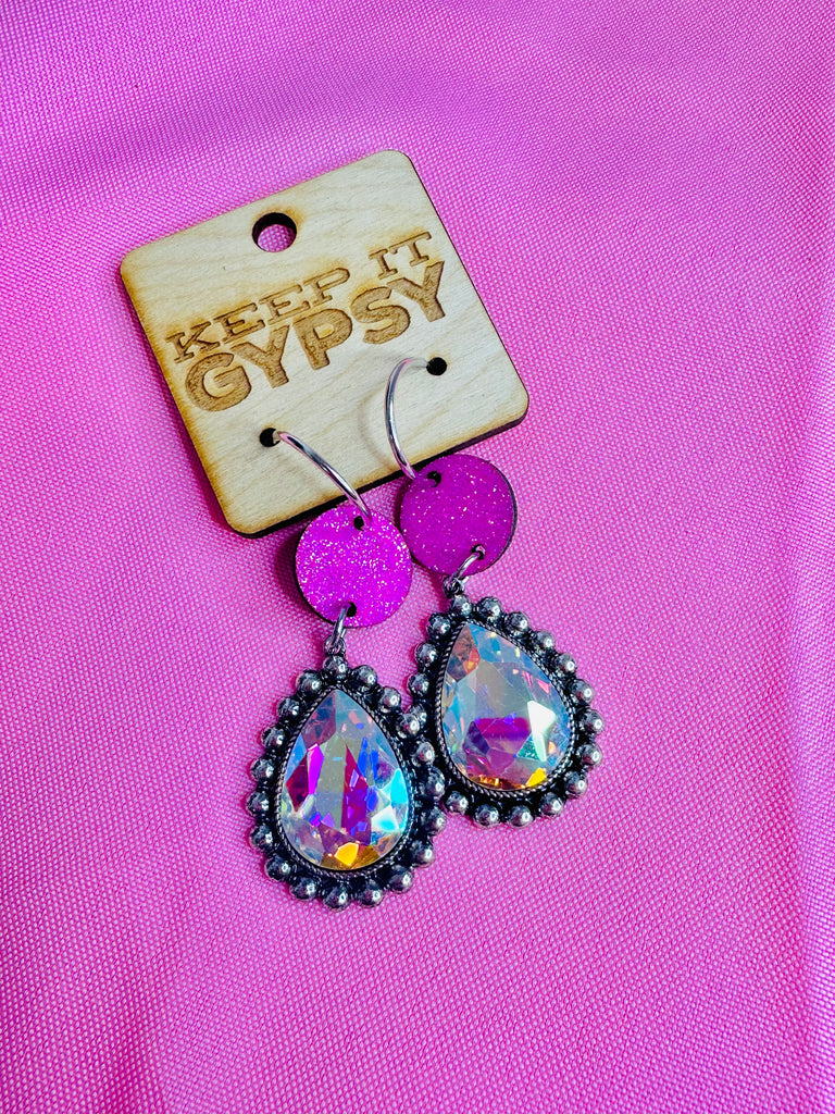 Hot Pink and Crystal Dangle Earrings