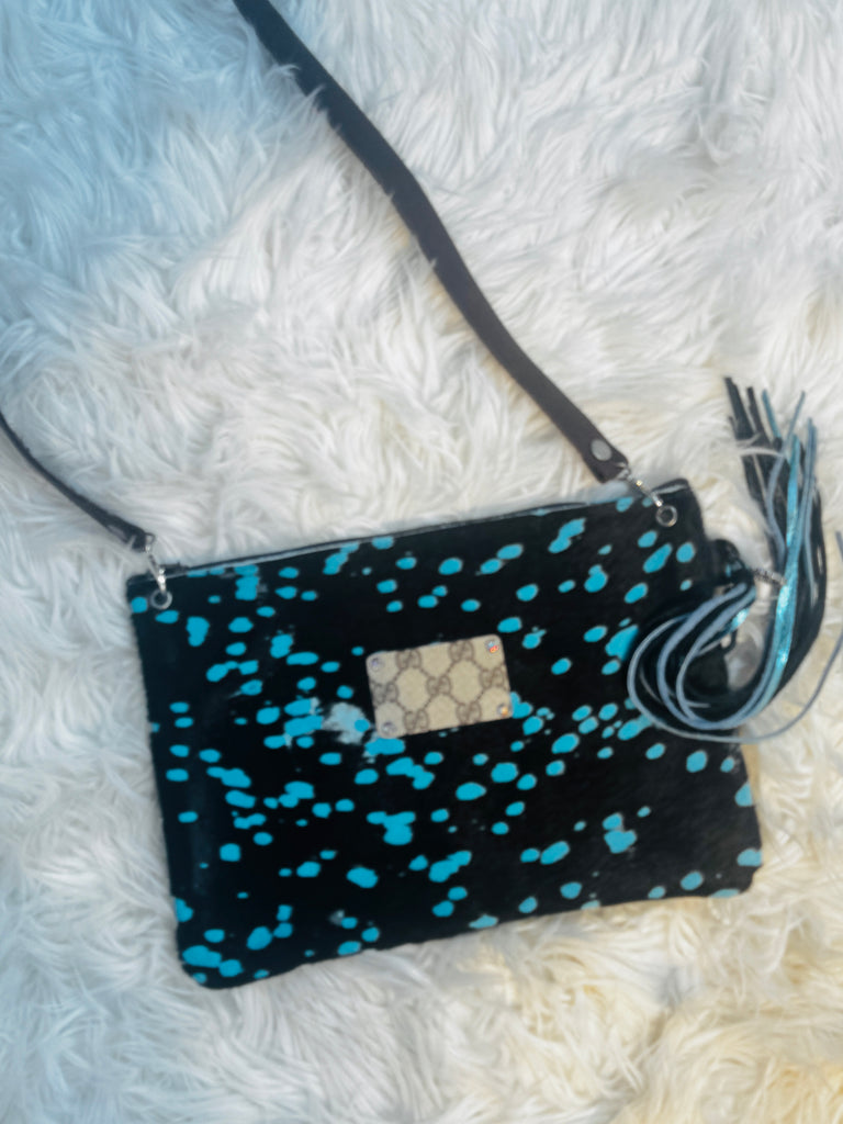 Turquoise Acid Wash Cattle Hide Crossbody Lux Purse