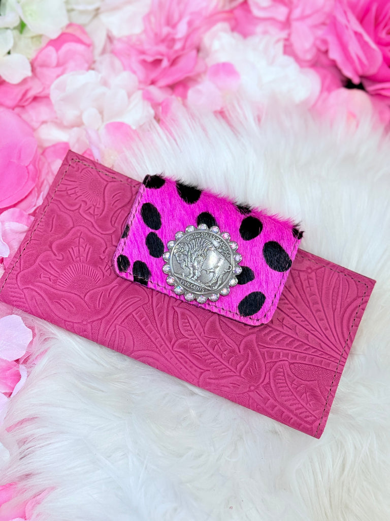 Hot Pink Tooled Leather & Hide Wallet