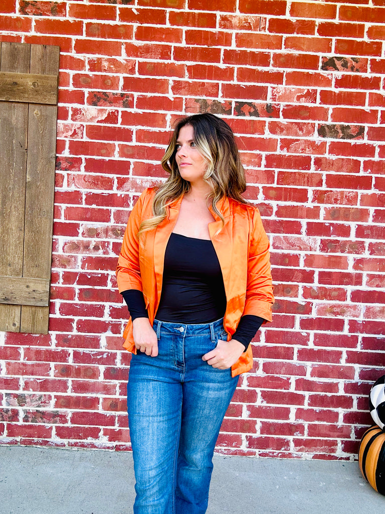 Solid Staple Pleat Sleeve Blazer - Burnt Pumpkin