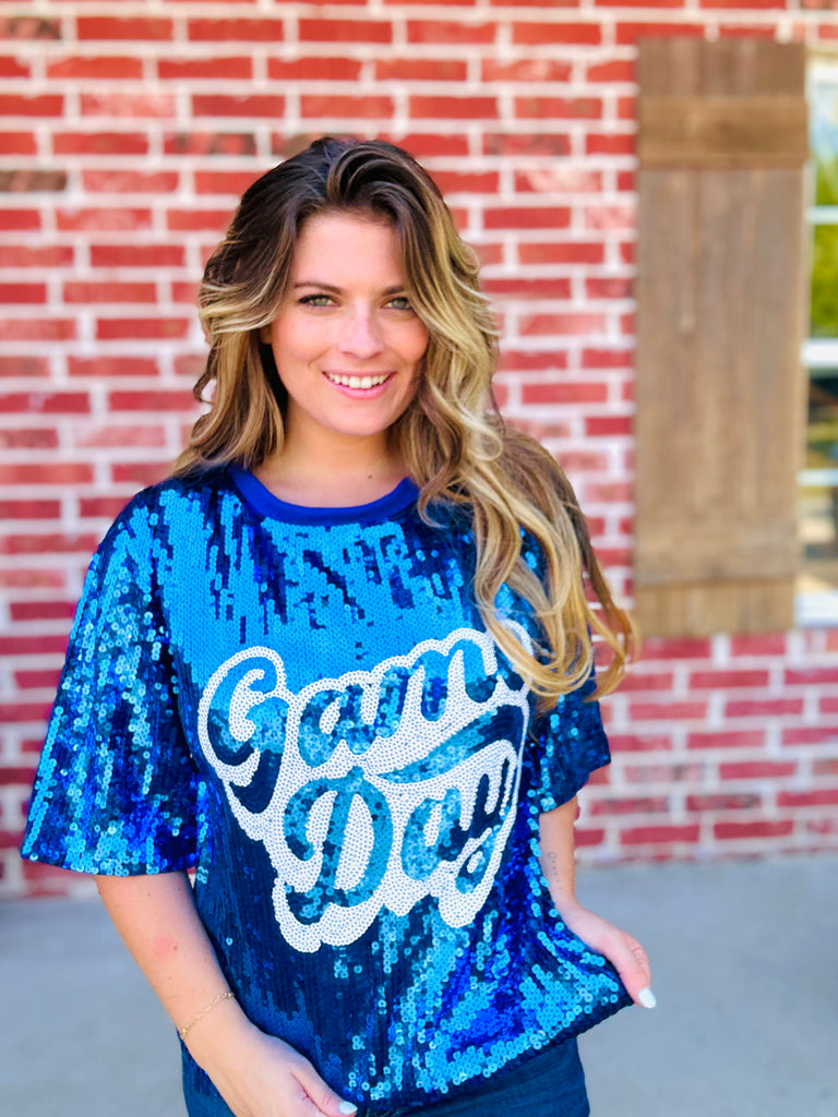 Royal Blue Sequin Game Day Jersey Top