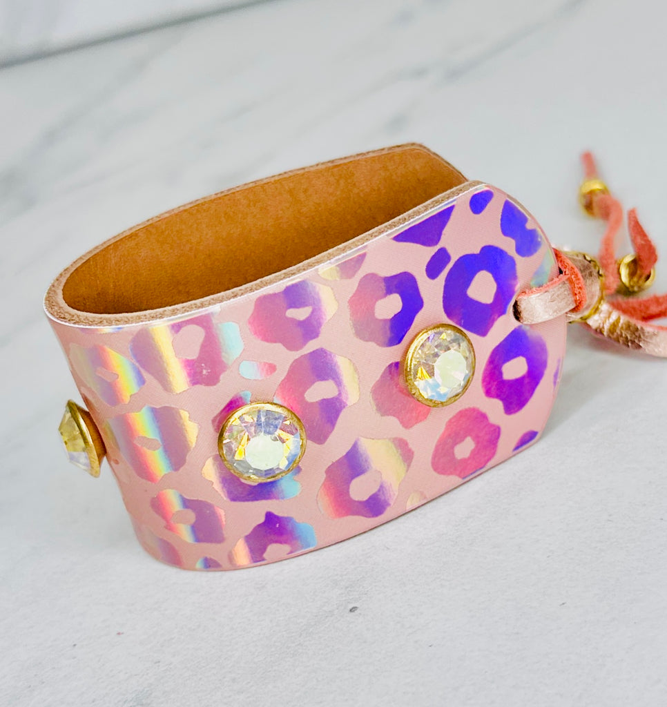Large- Lightly Leo Rose Gold Studded Leather Cinch Cuff