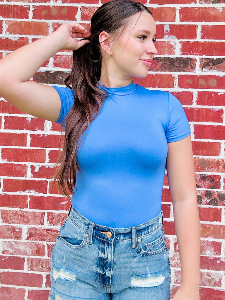 Just Casual Mock Neck Bodysuit Top- Wedgewood Blue