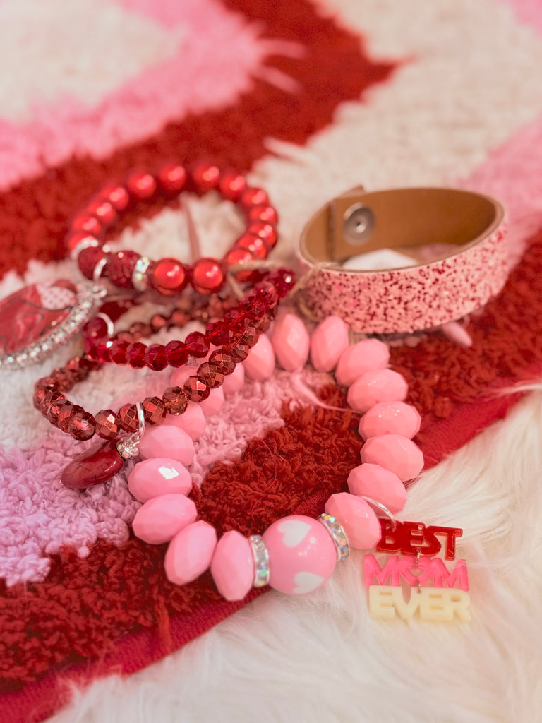 Pink and Red Loving Leather Cuff and Charm Bracelet Set