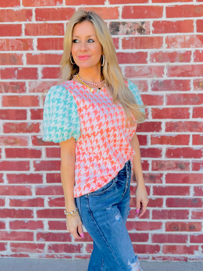 Houndstooth Double Knit Color Block Top