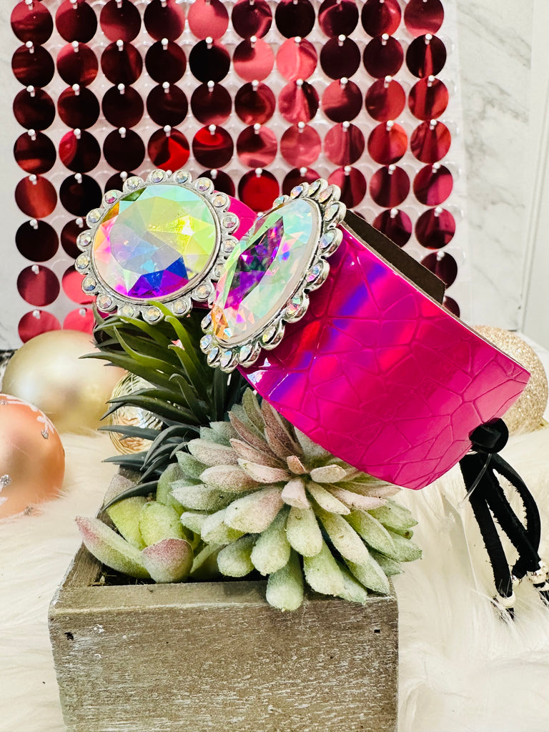 Vibrant Pink Hologram Tooled Leather AB Crystal Cinch Cuff