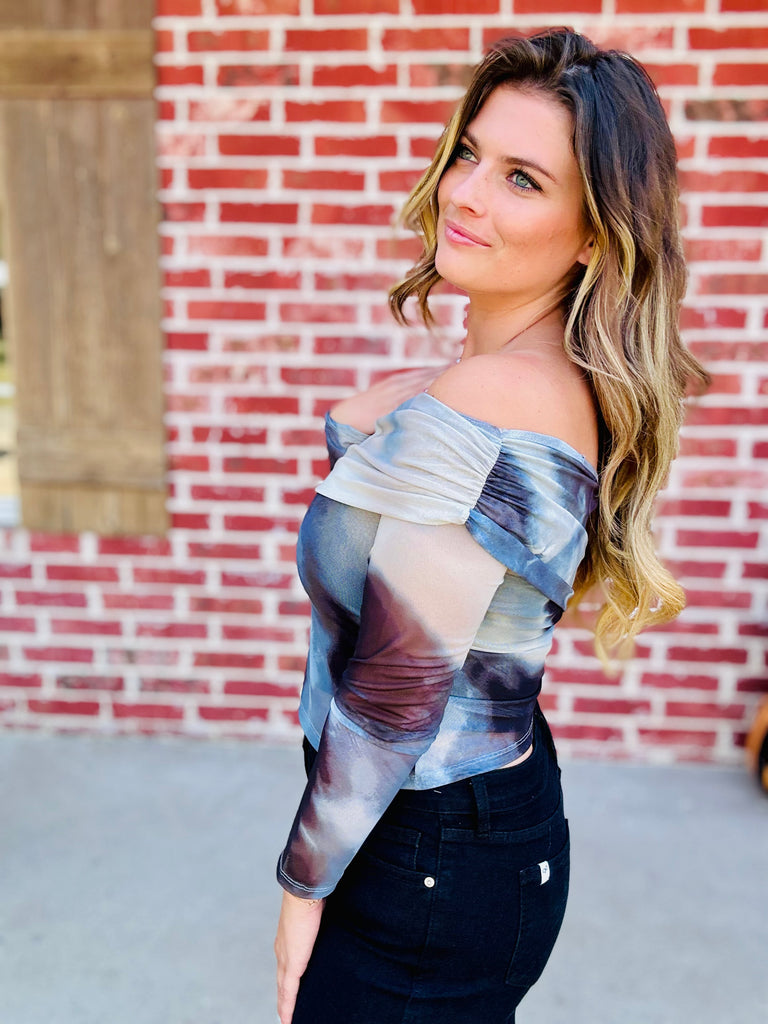 Grey & Black Clouded Chances Slanted Shoulder Top