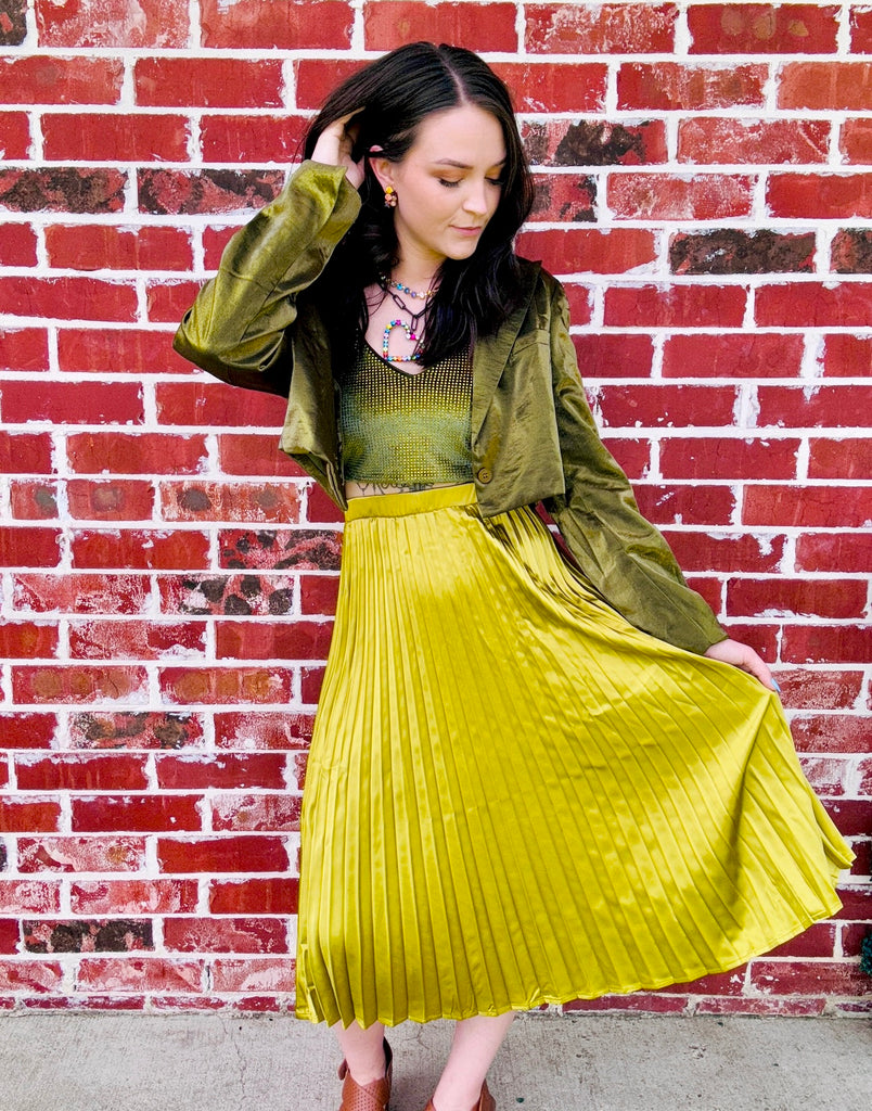 Pleated A-Line Satin Feel Midi Skirt- Chartreuse