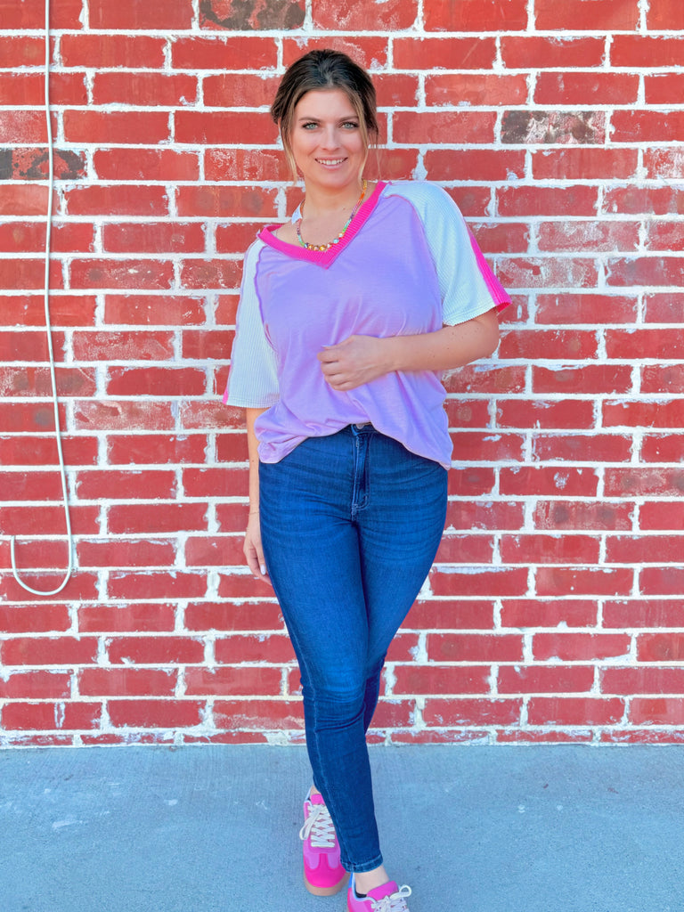 Pink Jersey Knit V-Neck Top with Cord Rib Combo