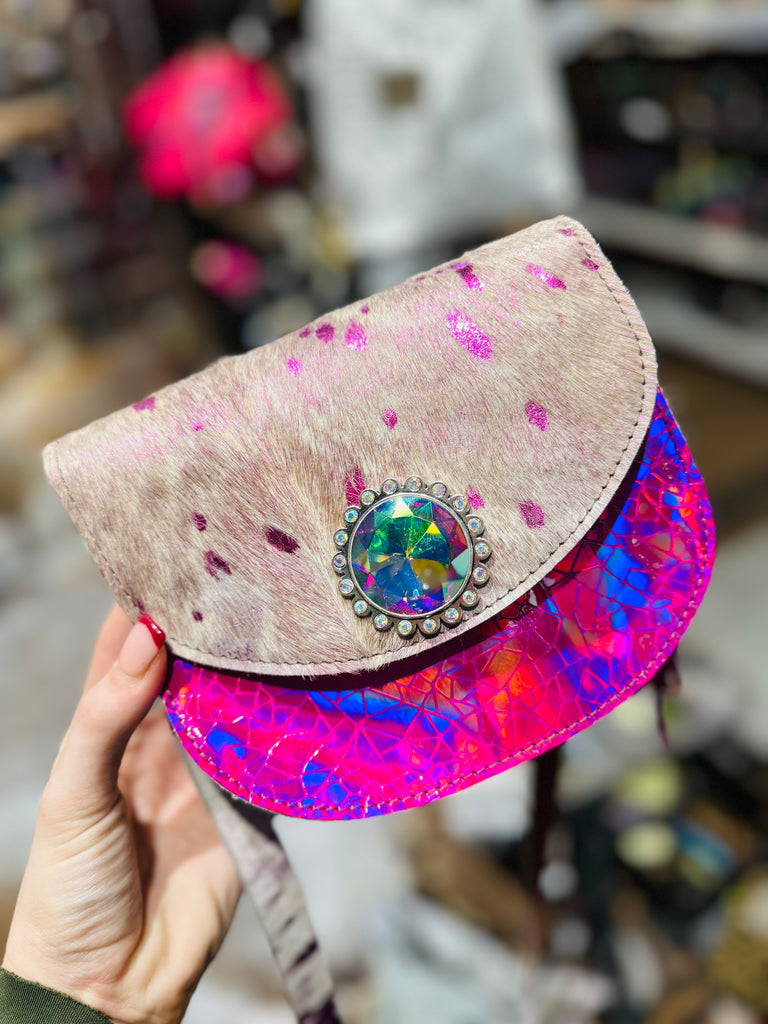 Taffy Pink Hologram Viper Leather Handbag