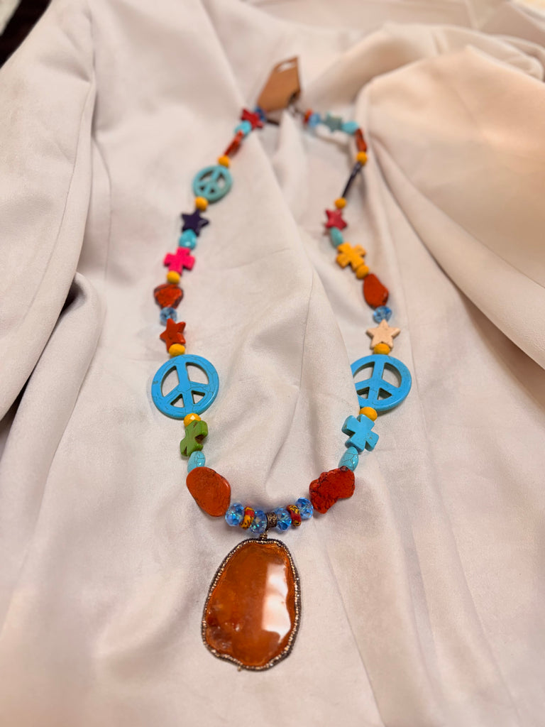 World Of Peace Stone and Crystal Statement Necklace -Orange County Cowboy