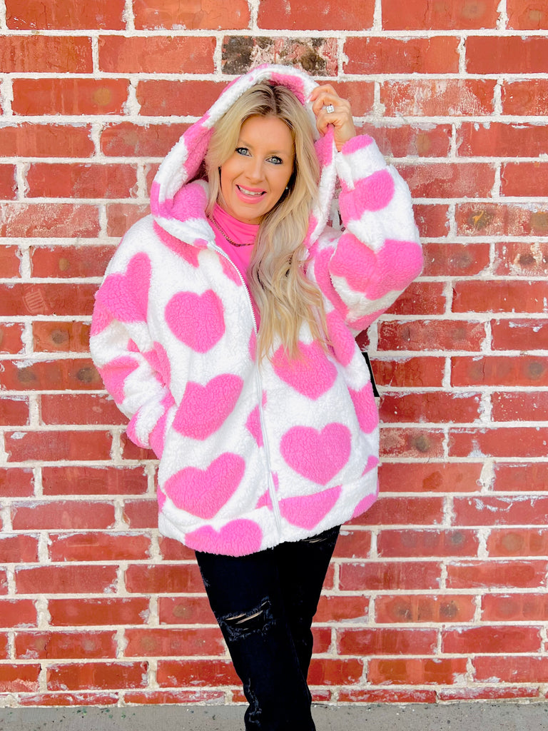 Flirtatious Hearts Sherpa Zip Up Jacket - Pink & Ivory!