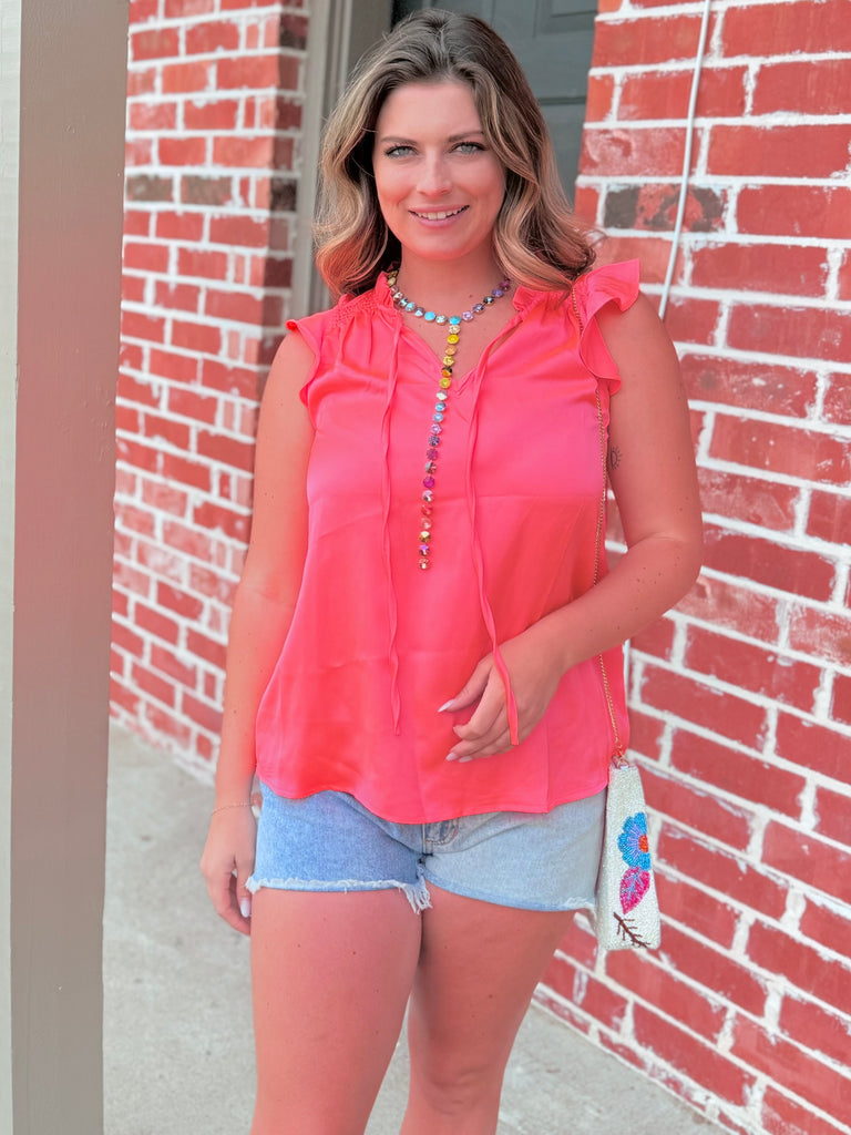 Neon Coral Tie Front V-neck Ruffle Blouse