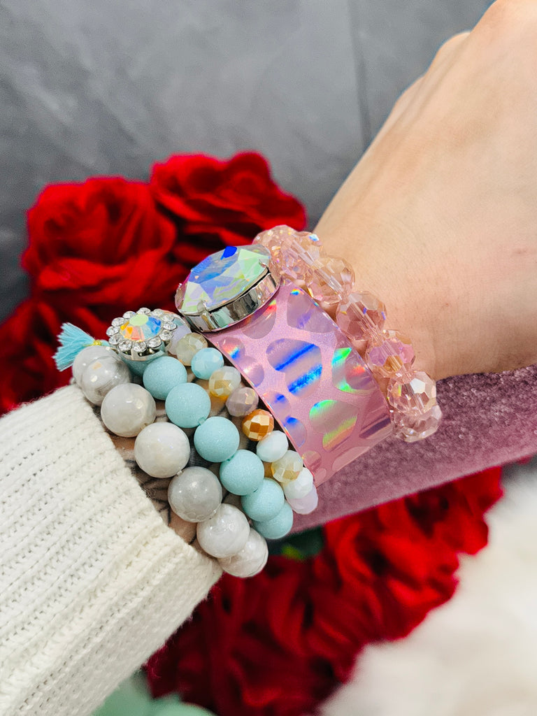 Chic Pink Hologram Leather & Crystal Cuff