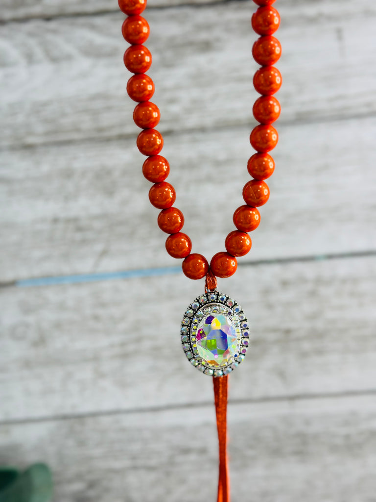 Orange Iridescent Bubble Beaded & Crystal Necklace