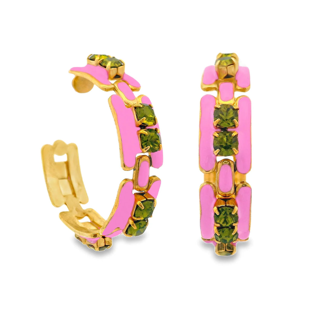 Hillary Swarovski Hoop Earrings- Pink/Khaki