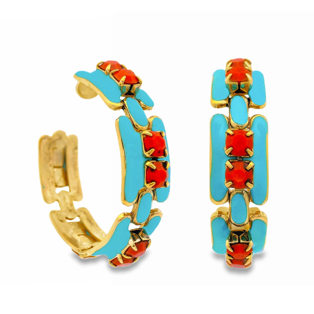 Hillary Swarovski Hoop Earrings- Teal/Coral