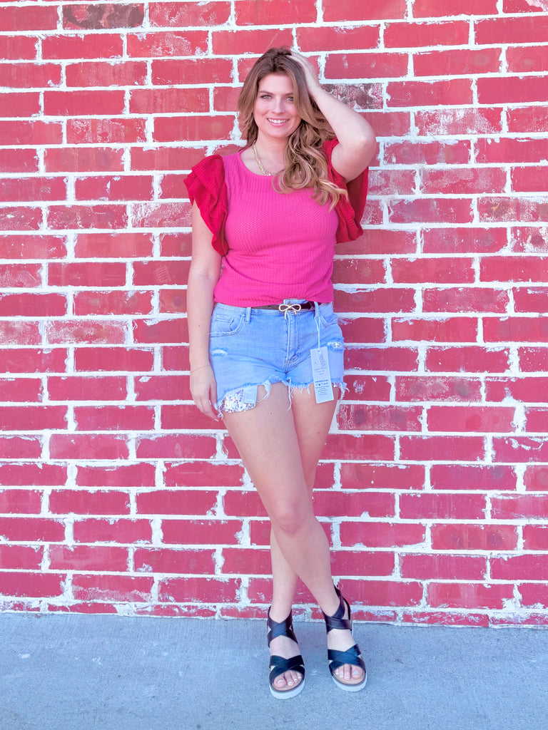 Waffle Knit Color Block Top with Ruffled Sleeves - Pink & Red