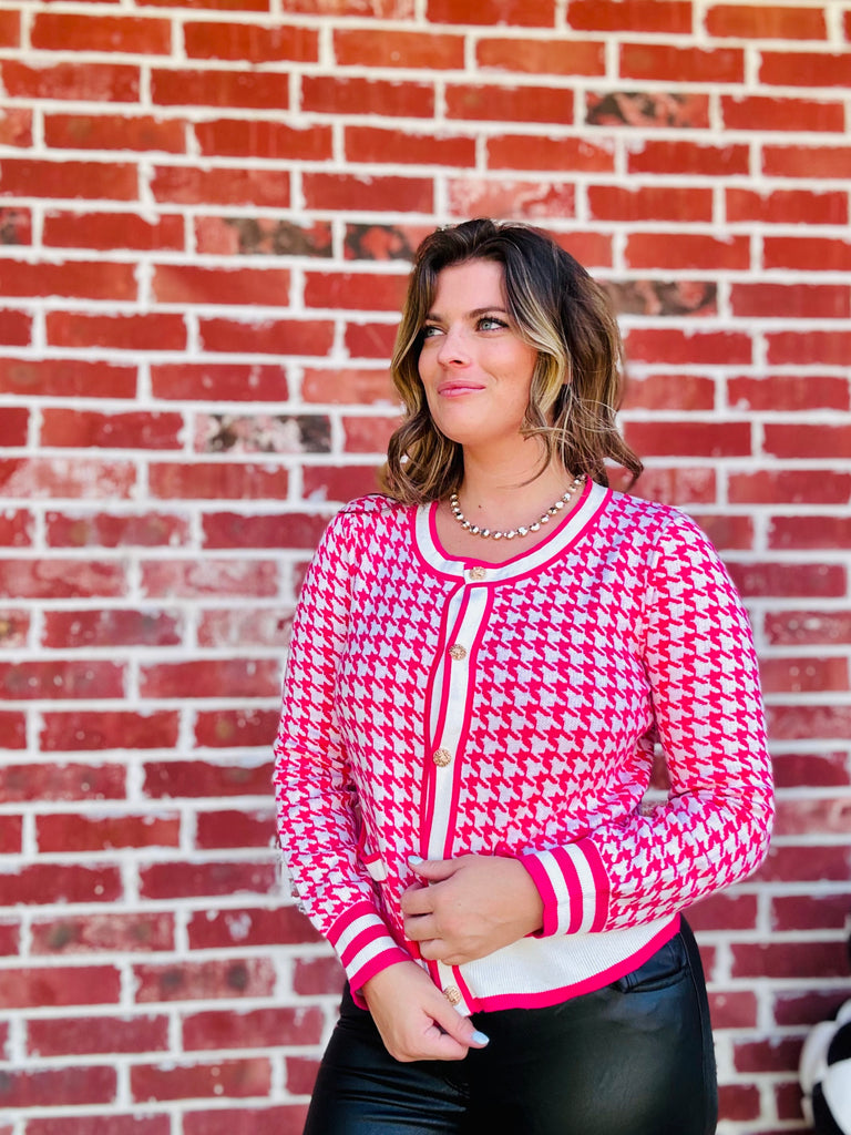 Casual Ritz Houndstooth Sweater Top - Fuchsia