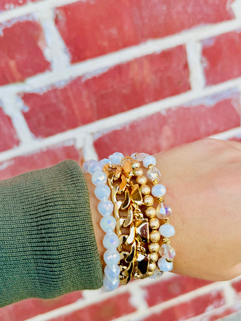 White Beaded & Gold Chain AB Bracelet Set