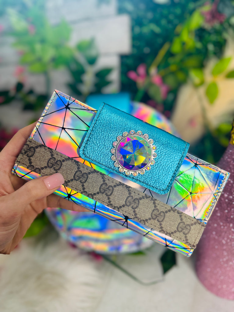 Silver Crossing & Teal Hologram Leather Wallet