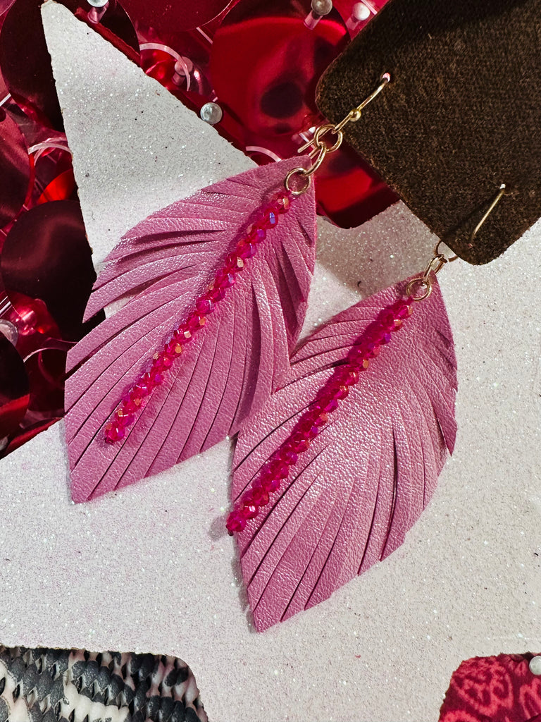 Pink Feather & Bead Earrings