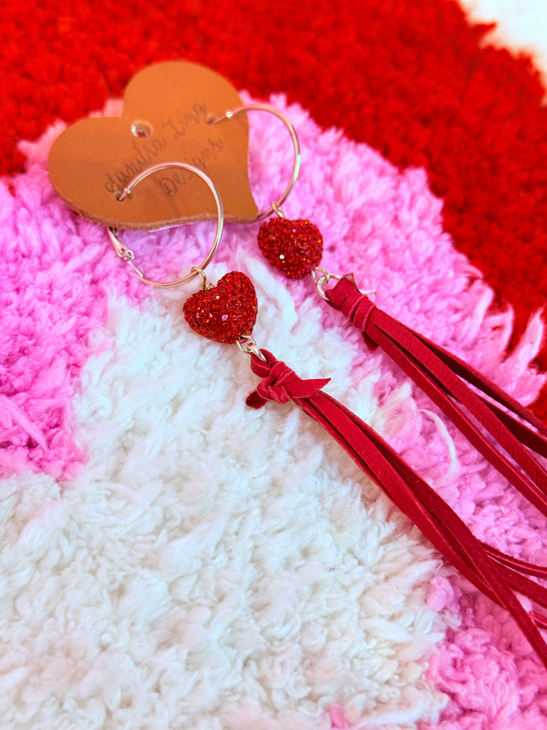 Red Heart Heartbreaker Crystal and Leather Earrings