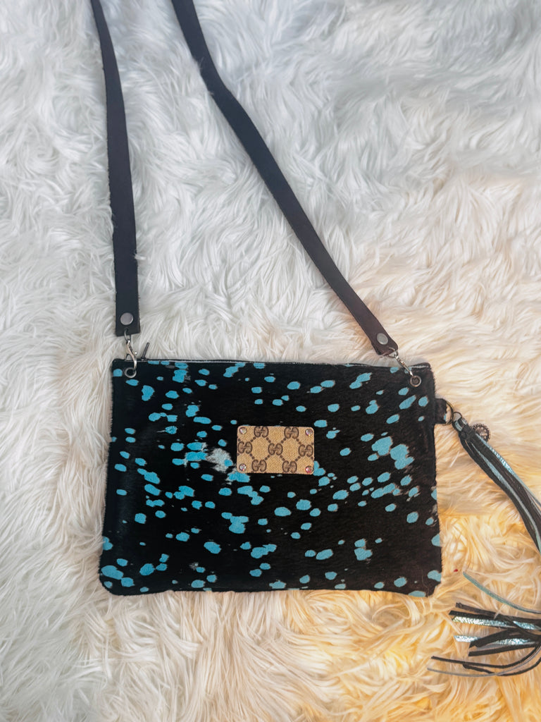 Turquoise Acid Wash Cattle Hide Crossbody Lux Purse