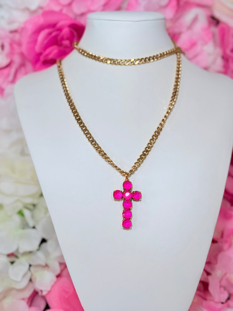 Bohemian Swarovski Cross Necklace - Electric Pink