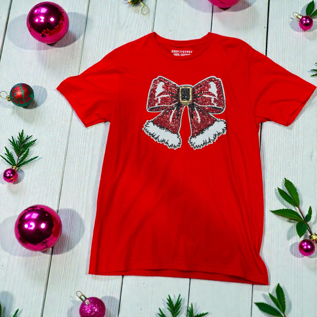 Sequin Santa Bow Tee in Red