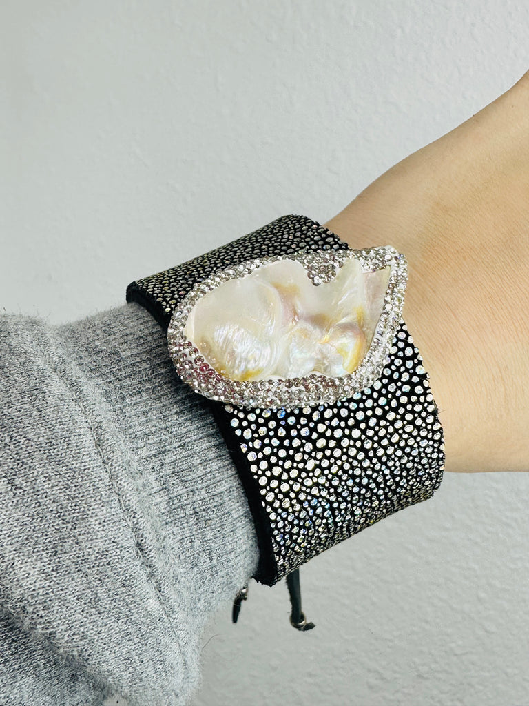 Hologram Stingray Leather Pearl Pave Stone Cuff