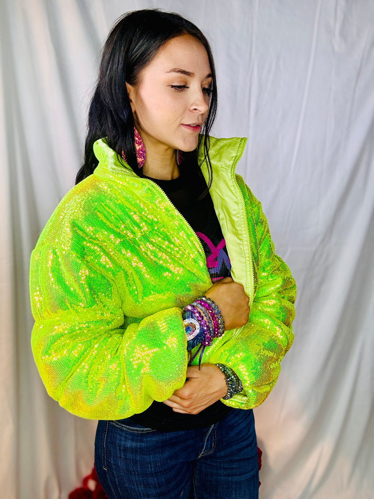 Chic Lime Sequin Shimmer Puffer Jacket
