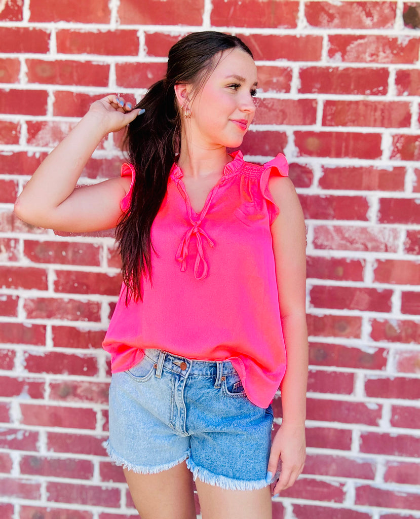 Neon Coral Tie Front V-neck Ruffle Blouse