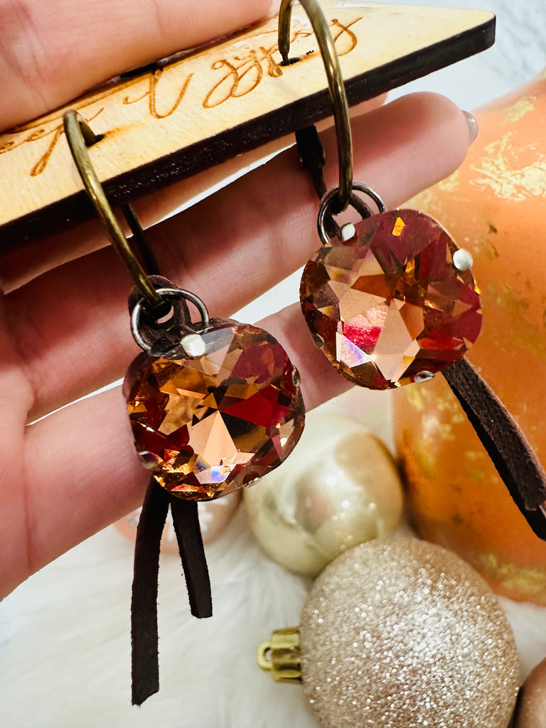 Upcycled Designer Crystal Cowhide Tooled Brass Earrings Rose Gold