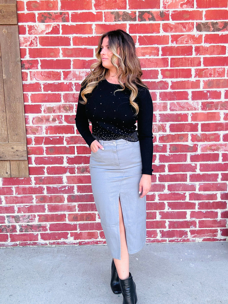 Silver Lining Grey Wash Denim Slit Skirt