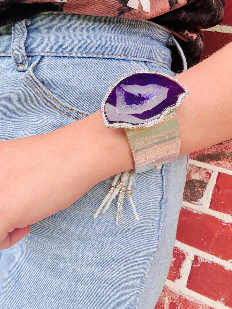 Bright Silver Holo & Violet Stone Large Cuff