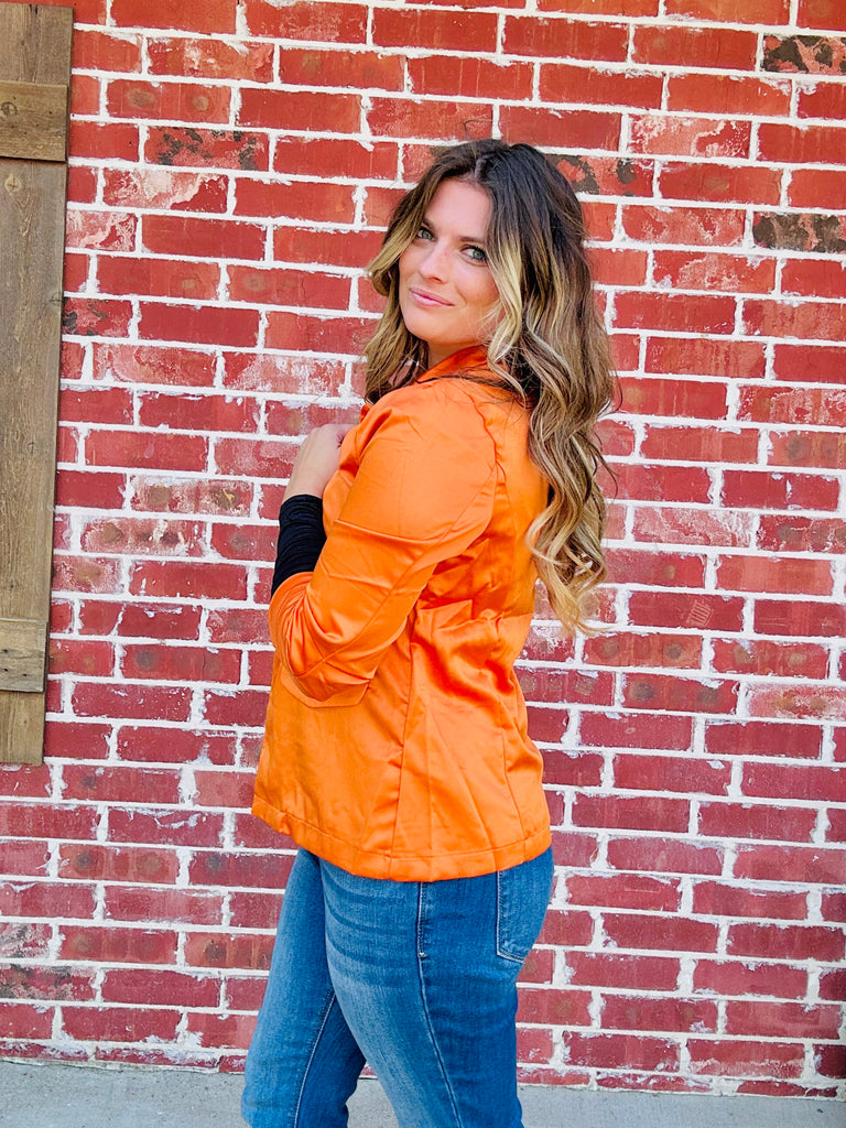 Solid Staple Pleat Sleeve Blazer - Burnt Pumpkin