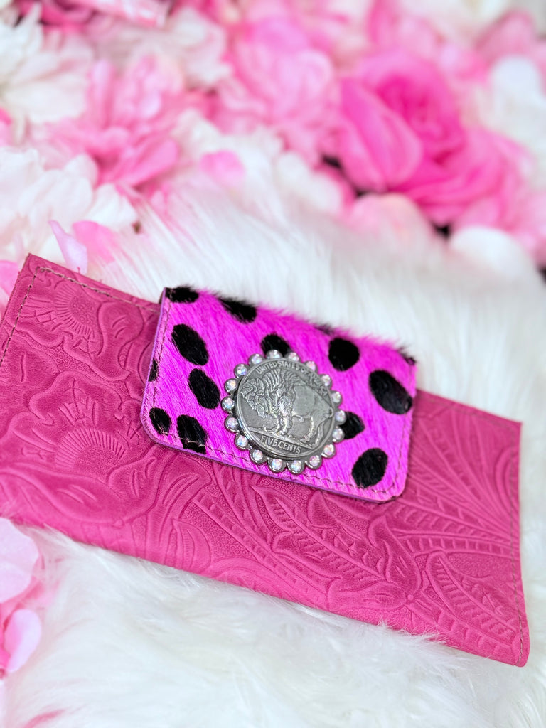 Hot Pink Tooled Leather & Hide Wallet