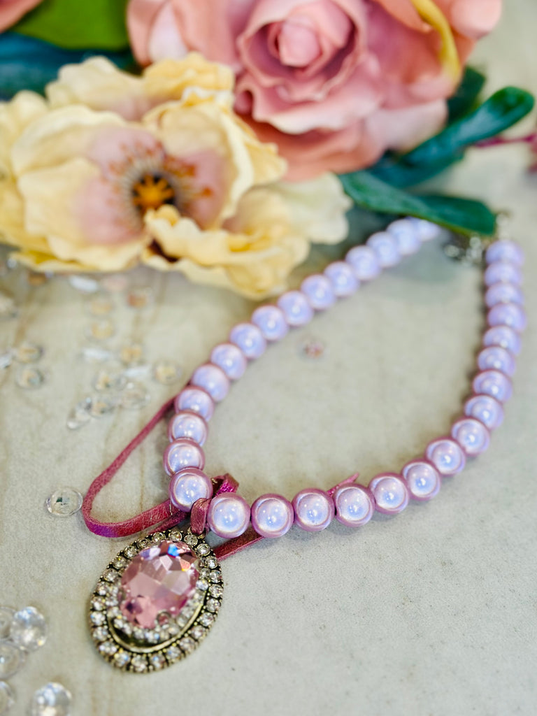 Pink Iridescent Bubble Beaded & Crystal Necklace